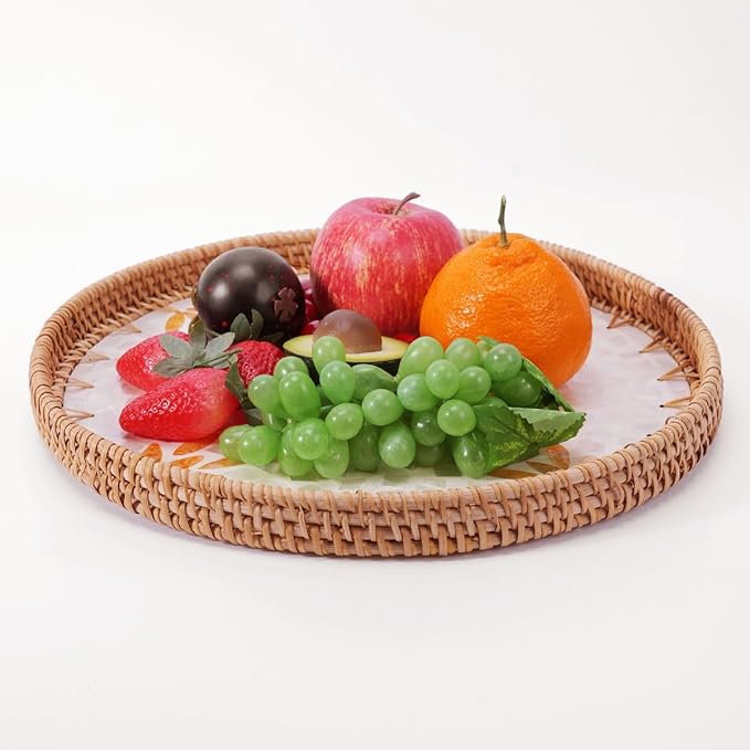 Shellac Rattan Tray with Mother of Pearl Inlay, Round Decorative Serving Tray for Home Décor Coffee Table Storage and Display, 100% Natural Materials - Orange 13.5"