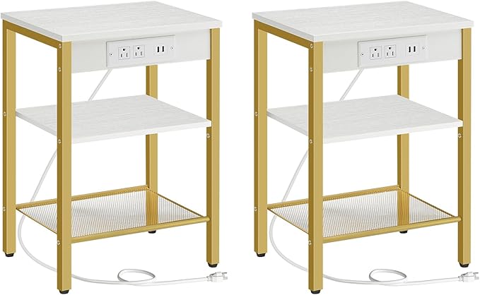 HOOBRO End Tables Set of 2 with Charging Station and USB Ports, 3-Tier Nightstands with Adjustable Shelves, Small Side Tables for Small Space in Living Room, Bedroom, White and Gold DW112BZP201G1