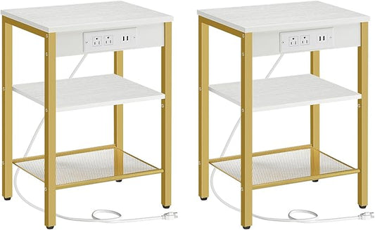HOOBRO End Tables Set of 2 with Charging Station and USB Ports, 3-Tier Nightstands with Adjustable Shelves, Small Side Tables for Small Space in Living Room, Bedroom, White and Gold DW112BZP201G1