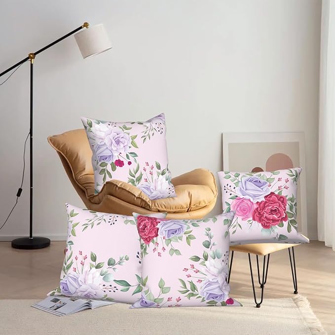 Purple Floral Throw Pillow Covers 16''x16'' Set of 4, Spring Countryside Flowers Couch Pillowcases Decorative Square Cushion Covers for Chair Sofa Bed Living Room Garden Car Indoor Outdoor