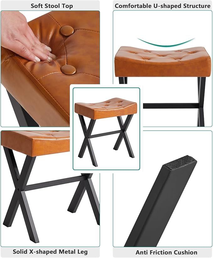IBUYKE U-Shaped PU Vanity Stool, Square Makeup Chair with X-Leg, Ottoman Seat Footrest Stool, Multi-Use as Small Side Table, for Bedroom, Living Room, Light Brown WBD019J