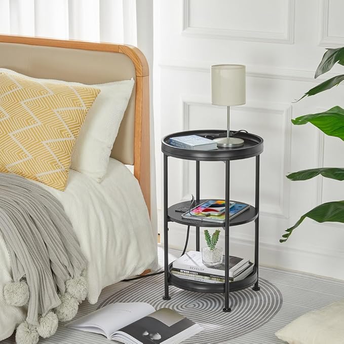 Dulcii Round Side Table with Charging Station, 24'' End Table with 3 Shelves for Living Room, Bedroom Nightstand with Steel Frame for Small Spaces, Industrial Round Sofa Table (USB+Black)