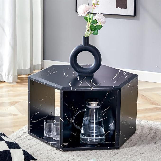 Side Table, Geometric End Table with Storage, Black Hexagon Table for Books, Decor & Drinks, Bedside Table for Small Spaces, No Assembly Required - Ready to Use