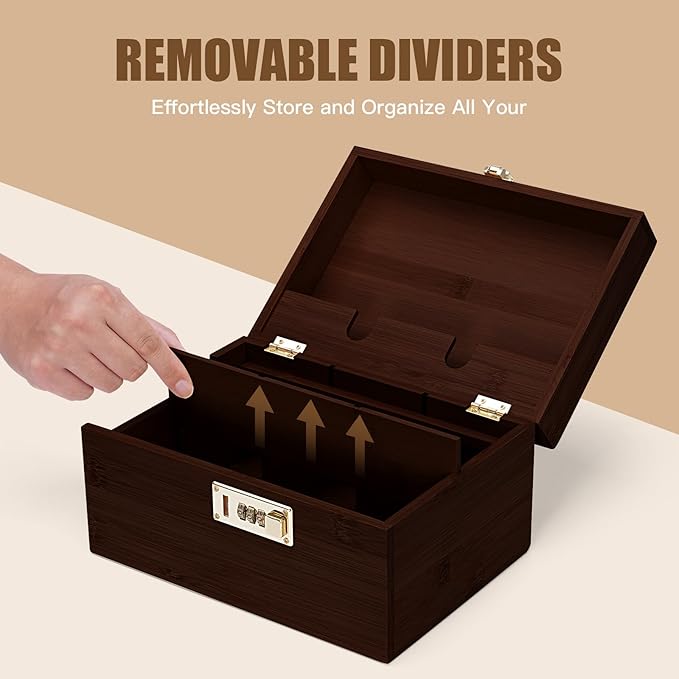 Large bamboo box, locked storage decorative box with combination lock, wooden lock box with lid, wooden locked storage box with removable tray and jars (Brown)