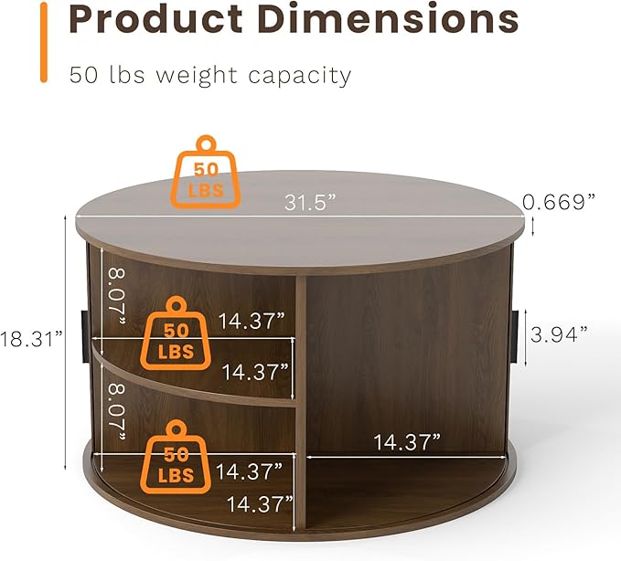 Coffee Table with Storage,31.5" Wood Round Coffee Table Hidden Storage and Open Shelves with 360°Curved Sliding Door,for Living Room Office Apartment,Brown
