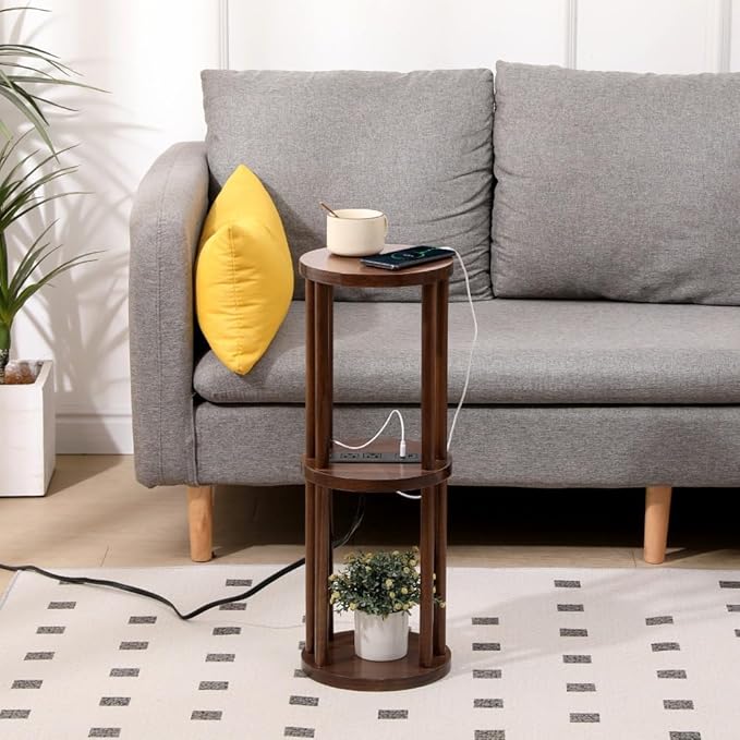 9 x25 Fully Assembled Walnut Wood Round Drink Table with Charging Station, Mid-Century Modern Circle Wood Accent Pedestal Table for Living Room or Small Bedroom Nightstand