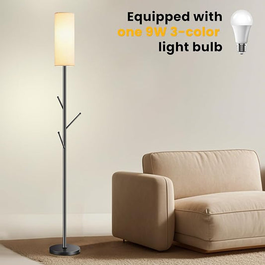 Tall Floor Lamp for Living Room,Modern Standing Lamp with 3 Hooks Clothes Rack,Multi-Functional Floor Light with 9W LED Bulb,Adjustable Color Temperature,Dimmable Floor Lamp for Bedroom Office