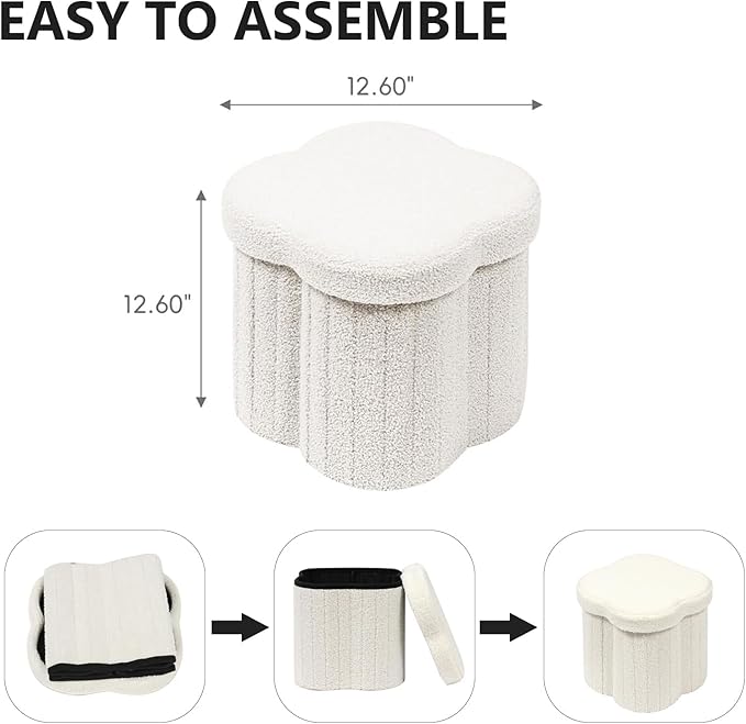 12.6" Small Ottoman with Storage, Flowers Shaped Foldable Foot Rest for Dorm Room, Living Room - Compact Organizer for Small Spaces,White