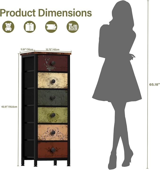 Tall Dresser with 6 Drawers, Pattern Storage Drawer Units, Storage Tower Units, Fabric Dresser Nightstand for Bedroom, Hallway, Entryway, Closets, Dorm