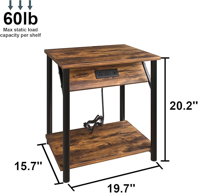 Night Stands Set of 2, Small End Tables with Charging Station, Small Side Tables for Living Room, Bedside Tables with 2-Tier Storage Shelf, Nightstand with Outlets and USB Ports, Rustic Brown/Black