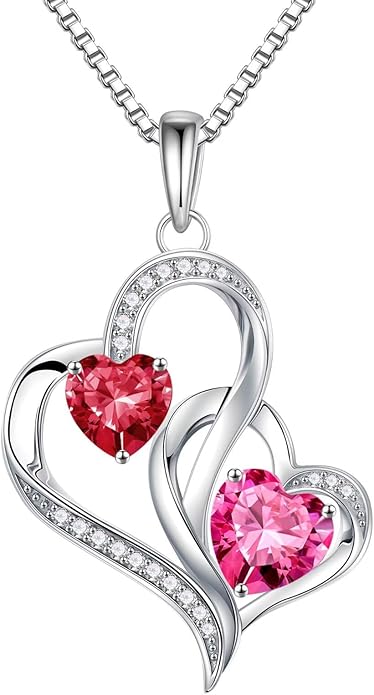 Iefil Christmas Gifts for Women - Double Heart Birthstone Necklace, 925 Sterling Silver Heart Pendant Necklace, Anniversary Birthday Gifts for Women | Personalized Jewelry Gift for Wife Mom Girlfriend