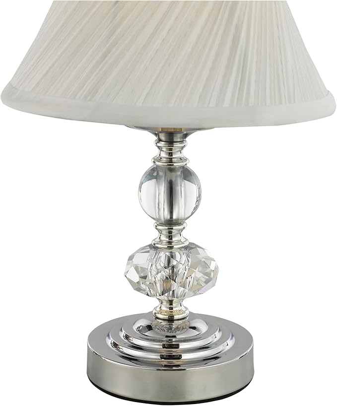 Small Modern Crystal Bedside Table Lamp, 7 x 7 x 12 Inch Electroplaetd Silver Base Table Lamp for Bedrooms and Office (White Pleated Bell Shape Shade)