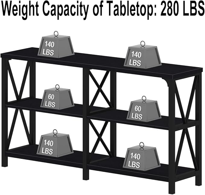 IBF Black Console Table, Modern Sofa Table Behind Couch, Industrial Entryway Table for Hallway Living Room, Farmhouse Wooden Metal Entry Table for Foyer with 3-Tier Storage Shelves, Black Oak, 55 Inch