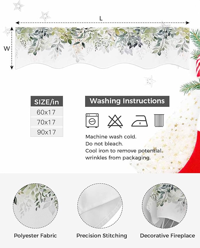 Sage Green Mantle Scarf 60 x 17 Inch, Watercolor Plant Leaves Fireplace Mantel Scarf Farmhouse Botanical Mantel Cover Runner for Daily Use, Seasonal Holiday, Home Party, Indoor Outdoor Decor