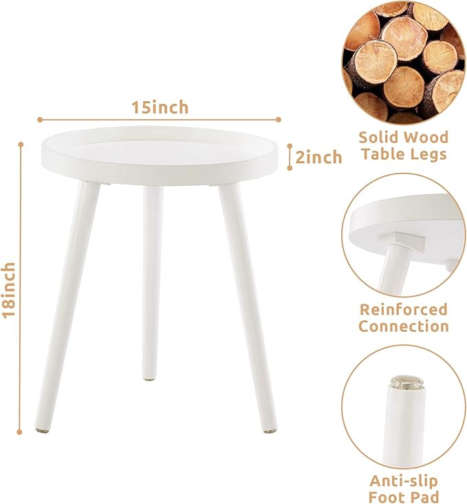 Apicizon White Round Side Table Set of 2, Tray Nightstand Sofa Coffee End Table for Living Room, Bedroom, Small Spaces, Easy Assembly Bedside Table, 15 x 18 Inches, White