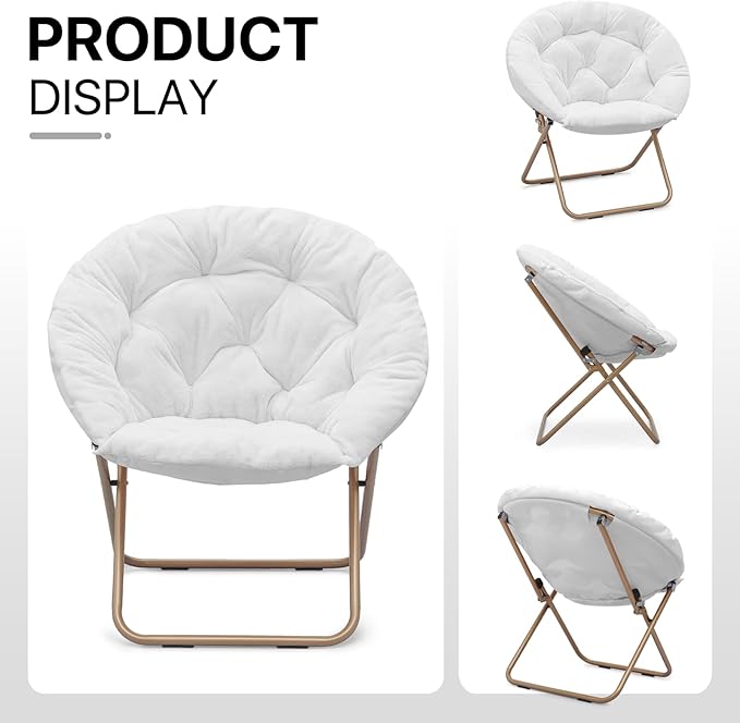 Athena Collection Comfy Saucer Chair Folding Cozy Chair for Bed Room Living Room Accent Chair Faux Fur Reading Chair Foldable Metal Frame Lazy Chair Moon Chair for Adult Set of 2, White