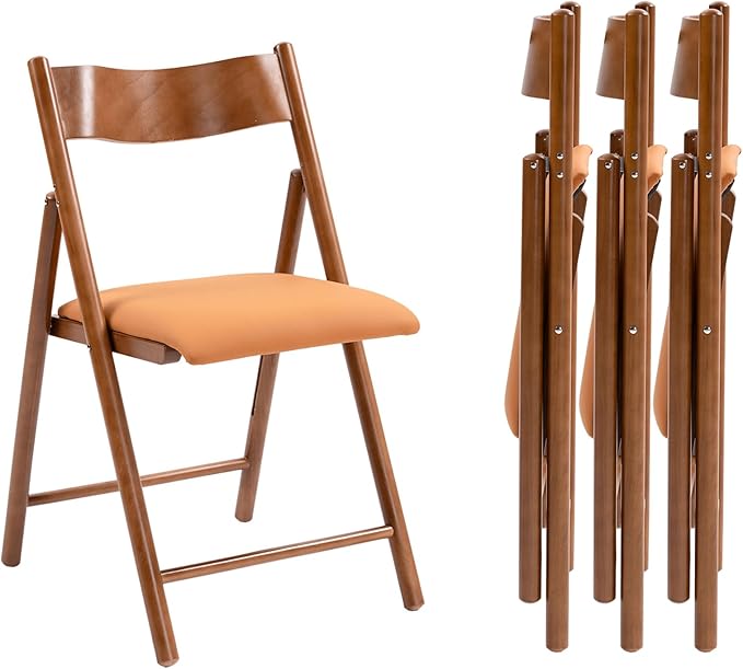 Folding Chairs Set of 4, Wooden Foldable Dining Chairs with Faux Leather Cushion 4-Pack Portable and Stackable Chairs for Dining Kitchen Office Wedding Picnic(Orange,4Pack)