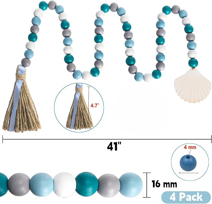 4 Pack Farmhouse Wood Bead Garland with Tassels, 39 in Rustic Boho Bead with Seashell Tag, Handmade Coastal Garland Beads for Tiered Tray, Wall Hanging, Wedding, Home Decor