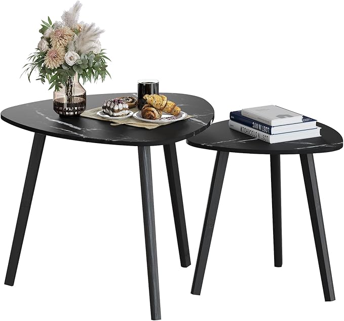 BAMEOS Bamboo Nesting Triangle End Table,Set of 2 Coffee Table Modern Minimalist Side Table for Living Room (Marble Black)
