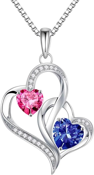 Iefil Christmas Gifts for Women - Double Heart Birthstone Necklace, 925 Sterling Silver Heart Pendant Necklace, Anniversary Birthday Gifts for Women | Personalized Jewelry Gift for Wife Mom Girlfriend