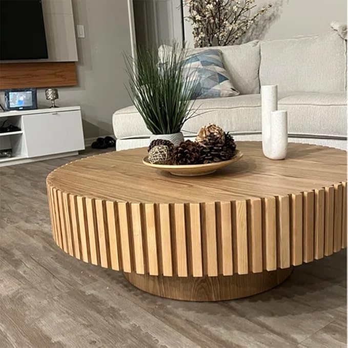 31.49''Round Coffee Table for Living Room, Modern Wood Nesting Coffee Table Handcraft Circle Fluted Drum Coffee Table, Easy Assembly,Oak