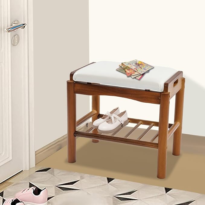 Eapmic Shoe Bench with Cushion, 2-Tier Bamboo Shoe Rack Bench, Entryway Shoe Storage Organizer with Compartment, Wooden Shoe Storage Bench for Hallway, Living Room, Closet, Bedroom (Walnut Color)