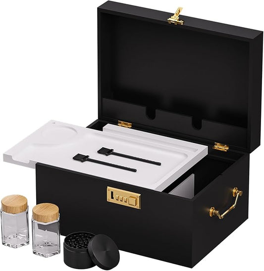 Lockable stash box with rolling tray – Premium bamboo box organizer with grinder, jars & brushes | Stylish wooden stash boxs, spacious Storage Box, great large stash box for home,Holiday Gift