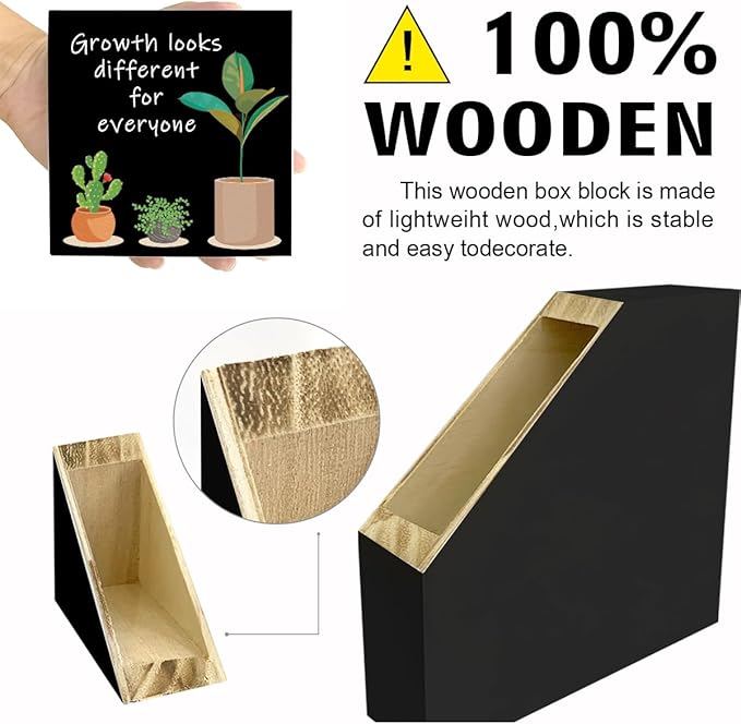 LVQHI Black Inspirational Wood Block Sign,Growth Looks Different for Everyone Plant Motivational Wooden Block Sign for Home Bedroom Office Desk Table Decor,Inspirational Cheer Up Gift for Coworker