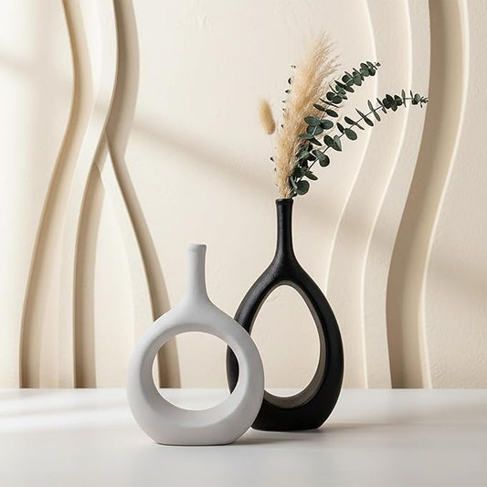 Ceramic Vase Set of 2, Modern Minimalist Boho Hollow Flower Vases, Decorative Vase for Home Decor, Living Room, Bedroom, Bookshelf, Entry Table, Kitchen and Dining Table