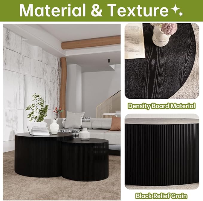 Round Nesting Coffee Table Set of 2 Small Round Coffee Tables for Living Room Modern Fluted Coffee Table Circular End Table Side Table for Small Spaces No Assembly (Black B, 27 in)