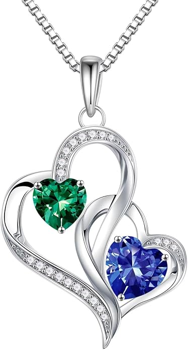 Iefil Christmas Gifts for Women - Double Heart Birthstone Necklace, 925 Sterling Silver Heart Pendant Necklace, Anniversary Birthday Gifts for Women | Personalized Jewelry Gift for Wife Mom Girlfriend