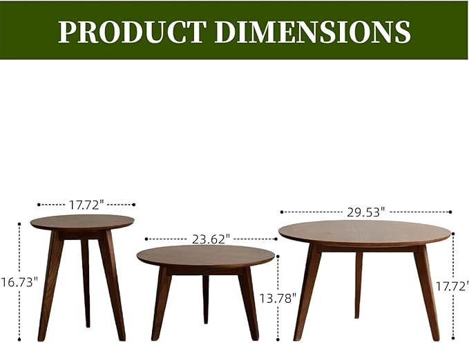 100% Solid Oak Wood Coffee Table Set, Round Coffee Table Combo Side Table w/Solid Wood Legs, Mid Century Table Sturdy Tables for Bedroom Balcony Living Room (Walnut, Small-Medium Combo)