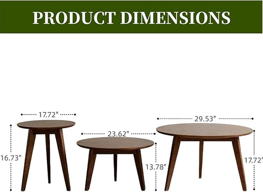 100% Solid Oak Wood Coffee Table Set, Round Coffee Table Combo Side Table w/Solid Wood Legs, Mid Century Table Sturdy Tables for Bedroom Balcony Living Room (Walnut, Small-Medium Combo)