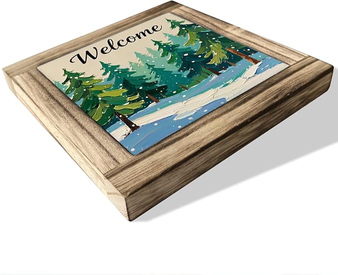 Christmas Trees Wood Sign, Welcome Wooden Box Sign, Front Door Decors for Shelves, Entryway Decor for Home, Modern Farmhouse Home Office Decor, Decorative Wooden Box Plaque