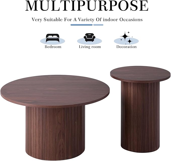 Small Nesting Table Set of 2 Mid Century Modern Wood Round Coffee Tables Boho Circle Side Table for Small Spaces Living Room Comedor Home Office(Walnut)