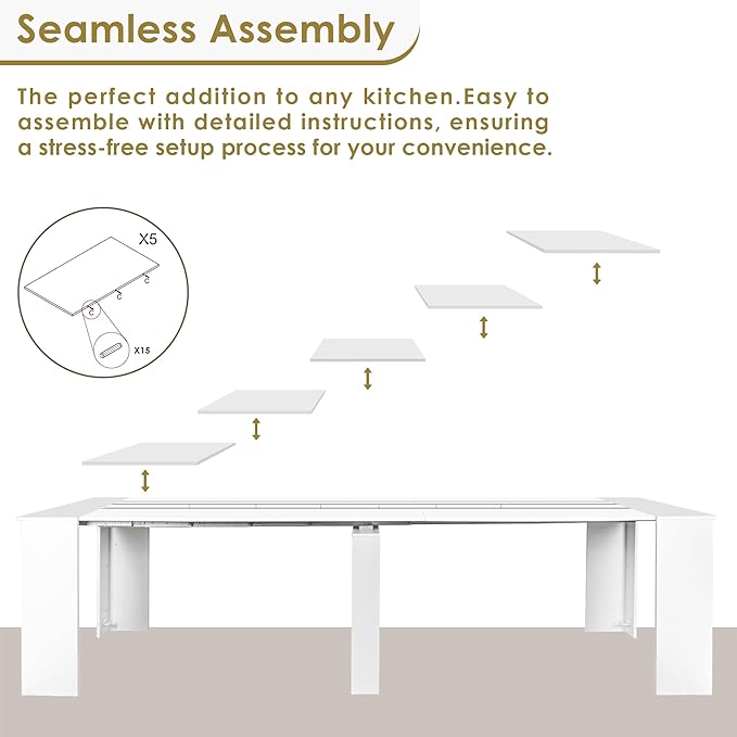 DMAITH 20"-118" White Extendable Dining Table for 2-12 People, Modern Modular Extension Table, Space-Saving Extra Long Folding Dining Table, Multifunctional Conference Meeting Table