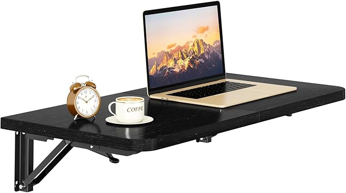 IBUYKE Wall Mounted Folding Table, Floating Wall Desk for Small Spaces, Fold Down Laundry Shelf with Heavy-Duty Brackets, Wall Table for Home Office/Bar/Kitchen/Dining Black UTVT005B