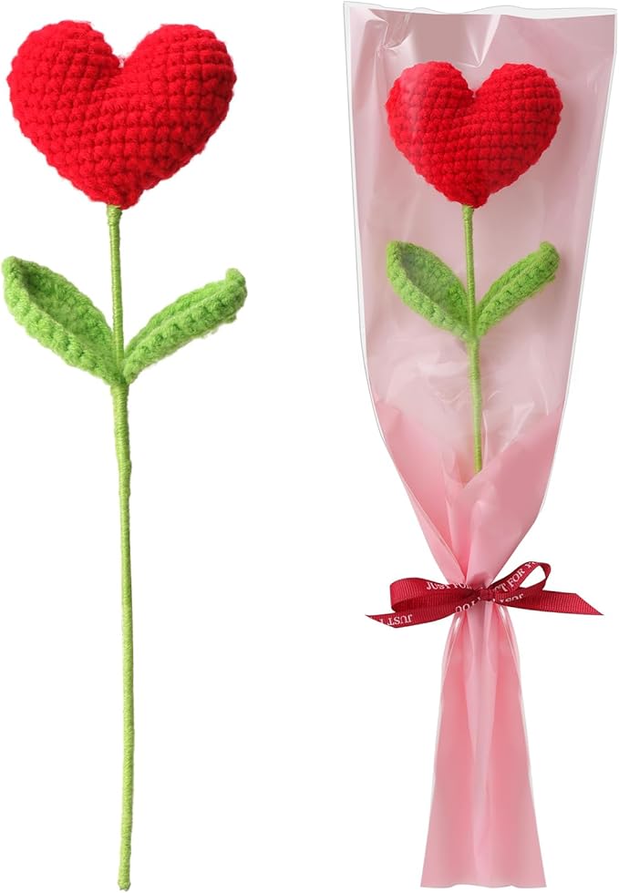 Hand-Crocheted Heart Flower Doll Bouquet - DIY Knitted Desk Decor, Romantic Gift for Girlfriend Valentine's Birthday Anniversary, Home Office Decoration