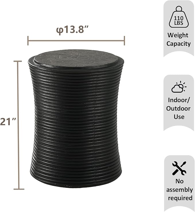 HOMPUS Concrete Outdoor Side Table w Cylindrical Thread Round Coffee Table, Home Decor Plant Stand Outdoor Accent Table Patio Drum End Table for Living Room, Bedroom or Balcony, Black