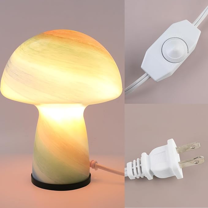 Dimmable Mushroom lamp,Glass Mushroom Bedside Table Lamp Translucent Vintage Style Small Nightstand Desklamp Light for Home Decor, Dining, Living, Bedroom, Gift.（Rainbow Color）