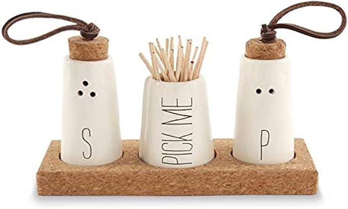 Mud Pie, Off-White Salt, Pepper & Toothpick Holder, Size: tray 2" x 6" | shakers 2 3/4" x 1 1/2" dia