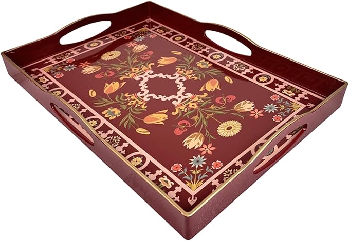 Boho Red Decorative Tray, Serving Tray with 4 Handles, Plastic Tray for Coffee Table, Ottoman - Ideal for Living Room & Bathroom. 15” x 11” x 1.9”