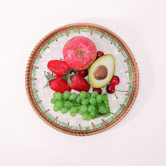 Shellac Rattan Tray with Mother of Pearl Inlay, Round Decorative Serving Tray for Home Décor Coffee Table Storage and Display, 100% Natural Materials- Ottoman Tray - Mix Color 12"