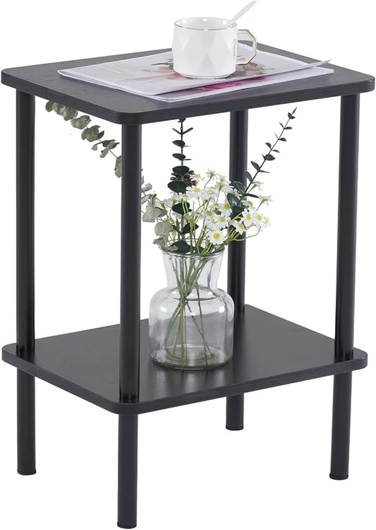 Apicizon 2 Tier End Table, Small Side Table with Solid Wood Legs, Boho Bedside Table with Storage Shelf, Nightstand for Small Spaces, Bedroom, Living Room, Entryway, Farmhouse, Easy Assembly, Black
