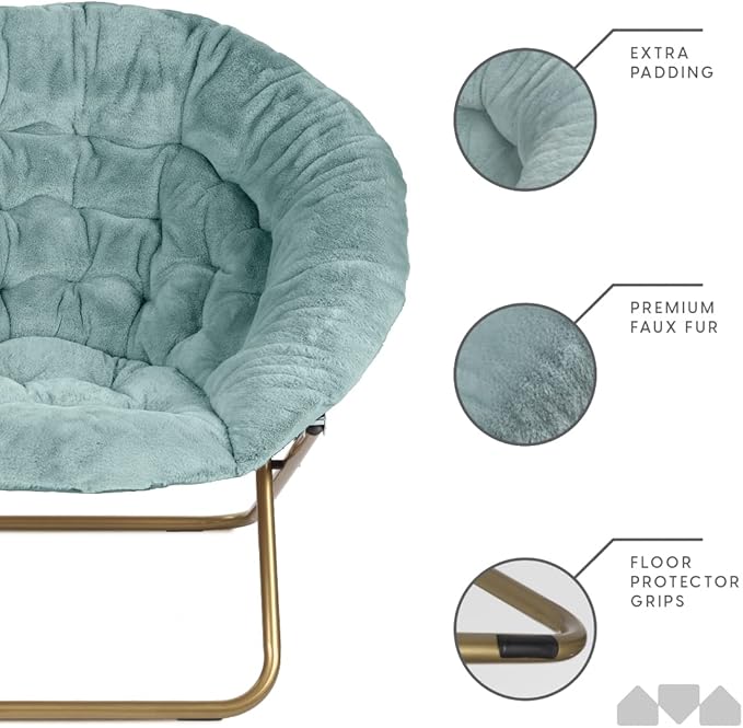 Milliard Saucer Chair For Adults, Teens & Kids, Blue, Faux Fur XL Circle Chair for Bedroom, Dorm & Gaming, Foldable Comfy Accent Seat for Small Spaces, Folding Moon / Mushroom / Round Oversized Style