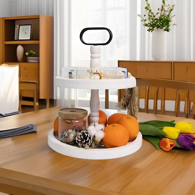 Rustic 2 Tiered Tray Decor, Coffee Color, Wooden Material, Round Shape