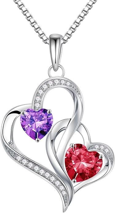 Iefil Christmas Gifts for Women - Double Heart Birthstone Necklace, 925 Sterling Silver Heart Pendant Necklace, Anniversary Birthday Gifts for Women | Personalized Jewelry Gift for Wife Mom Girlfriend