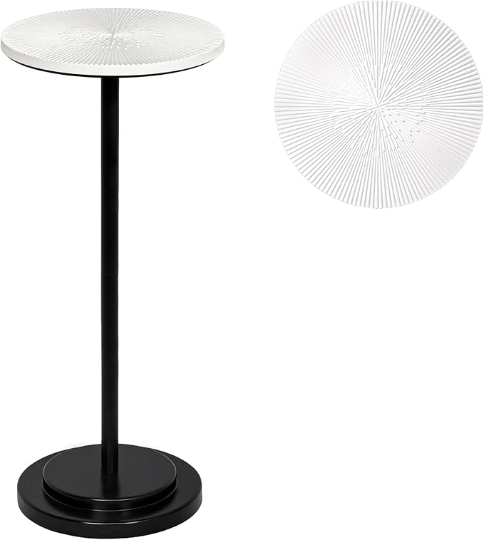 Drink Table, Carved Table Top Martini Table, Small Side Table, Weighted Base Pedestal Table for Living Room, Bedroom, Modern, White and Black