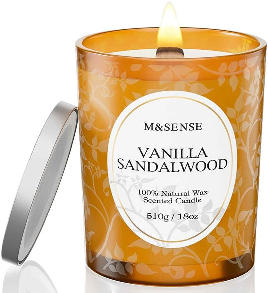 M&SENSE Vanilla Sandalwood Candle, Cracking Wooden Wick Soy Wax, 18oz 100 Hours Long Lasting Clean Burn, Large Jar Candles for Home Scented, Non-Toxic Relaxing Aromatherapy Gifts for Women