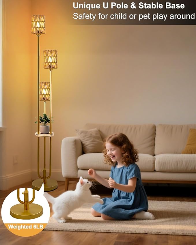 Lightdot Dimmable Boho Floor Lamps with Table, 3-Lights Rattan Floor Lamp with Shelves, 3000K Warmwhite Candle Holder Style Farmhouse Floor Lamp, Rustic Gold Standing Lamp for Living Room Bedroom
